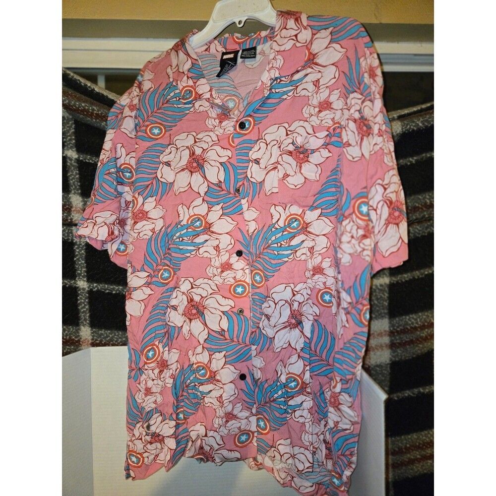 Marvel Captain America Pink Floral Hawaiian Shirt Men’s 3XL Button Front